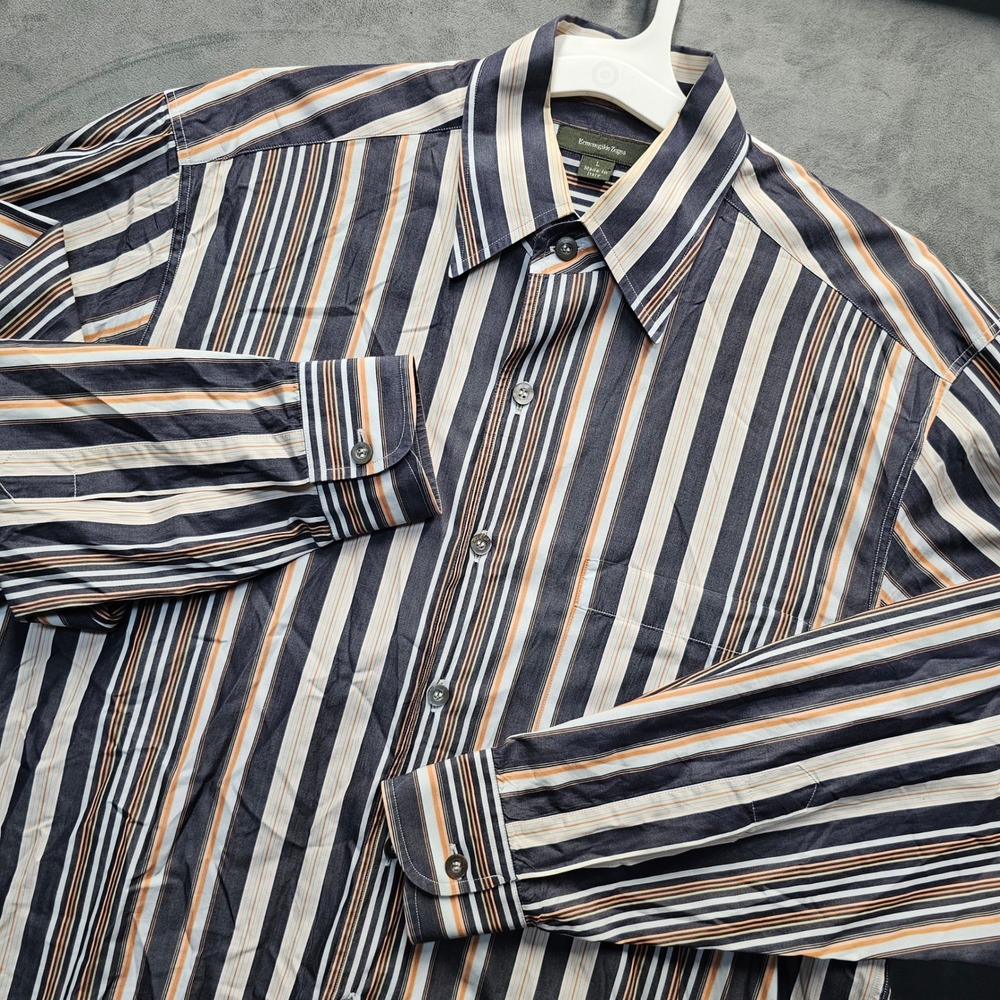 Ermenegildo Zegna Mens L Striped Button Down Shirt Cotton Navy Orange Italy